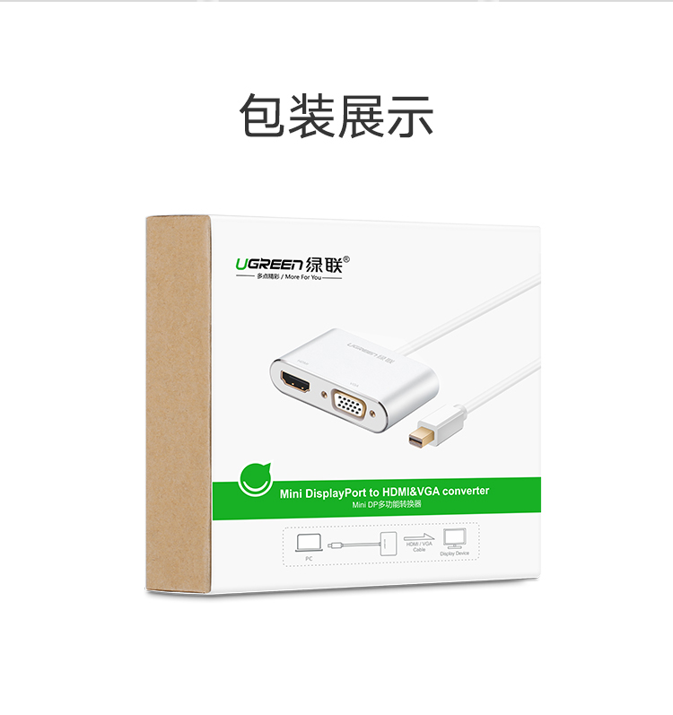 綠聯(lián)（UGREEN）Mini DP轉(zhuǎn)HDMI/VGA二合一轉(zhuǎn)換器 20422 支持4K分辨率 黑色