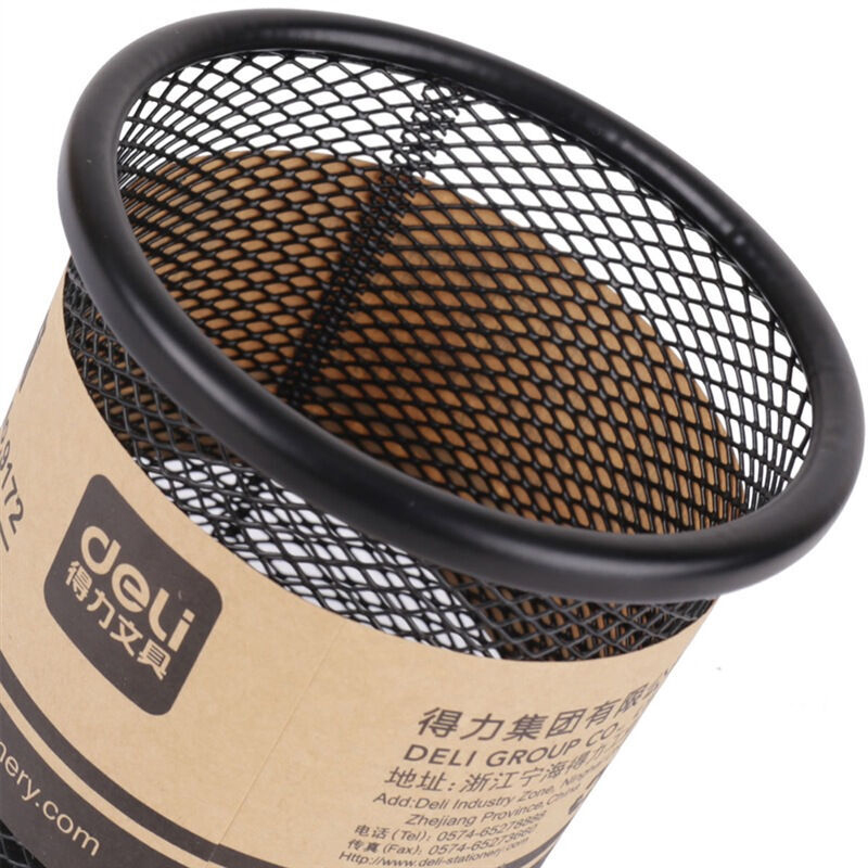 得力(deli)金属网纹圆形笔筒 简约创意桌面收纳 9172 黑色